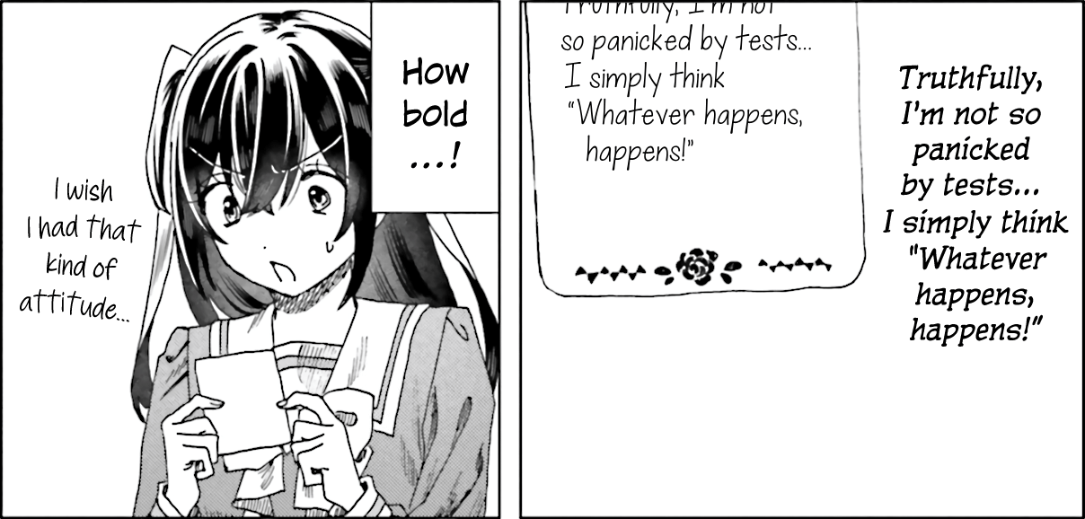 Panel from Flowers that Bloom, featuring main character Kasumi in awe at her onee-sama with regards to tests.
